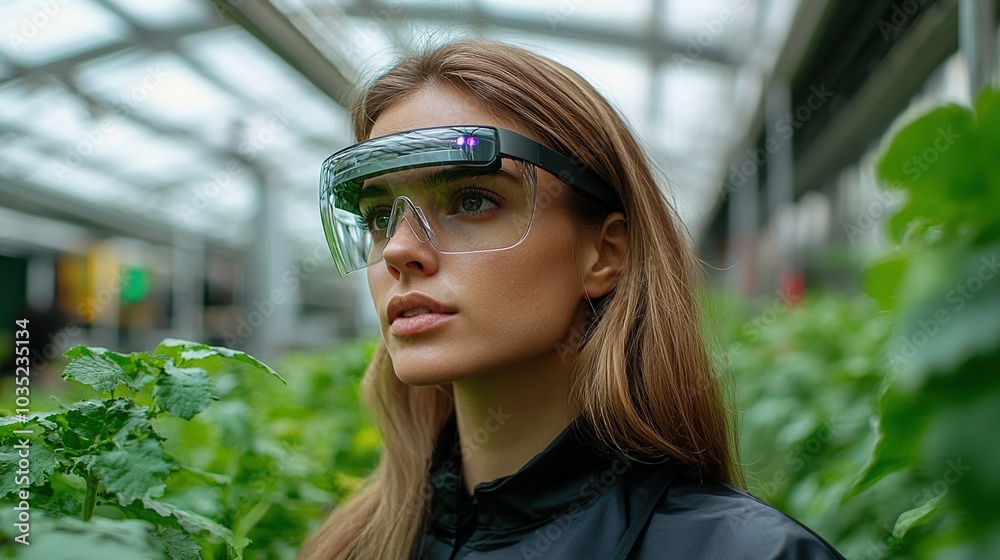 Woman Wearing Smart Glasses in Greenhouse Woman Wearing Smart Glasses in Greenhouse