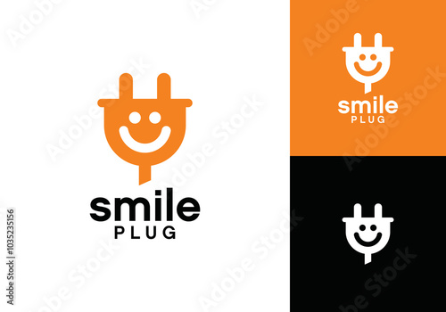 happy smile with plug logo. energy power socket. creative talk idea and innovation vector design