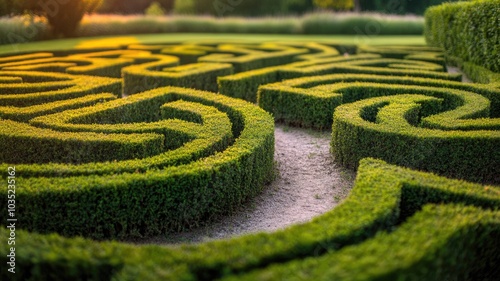 Meticulously maintained hedge maze with sunlight casting warm glow over greenery