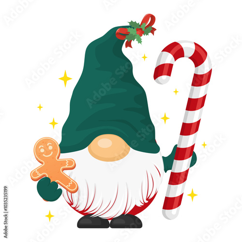 Cute Christmas gnome with candy cane and gingerbread cookie