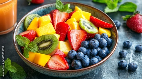 A colorful fruit bowl with strawberries, blueberries, kiwi