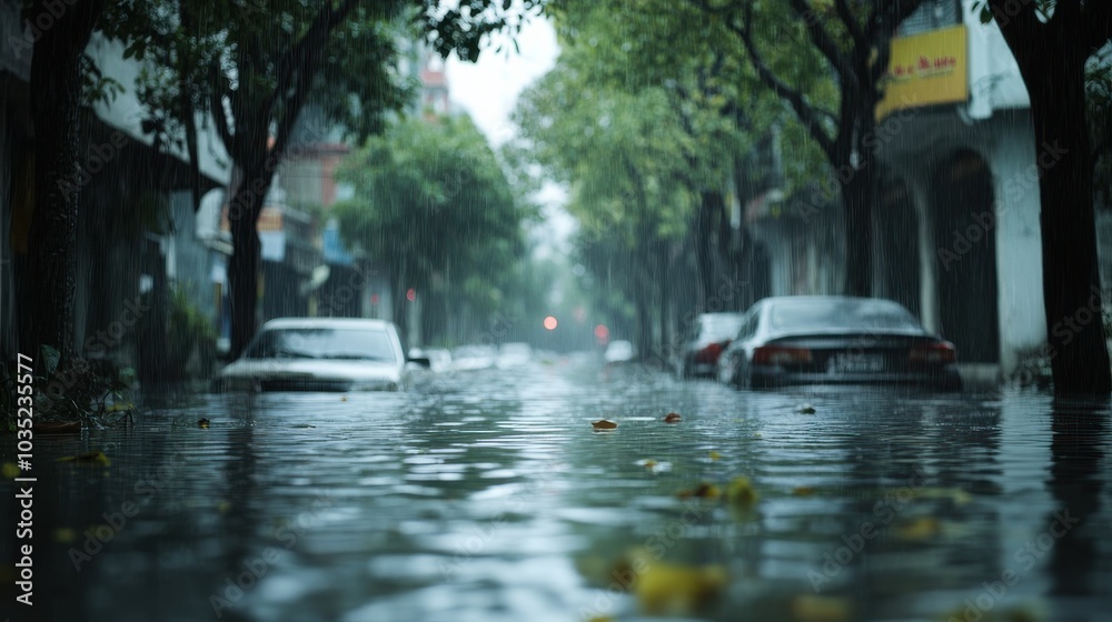 Flooded Street After Heavy Rainfall in Urban Area, with submerged cars and trees lining the flooded road. Flooded Street After Heavy Rainfall in Urban Area, with submerged cars and trees lining the flooded road.