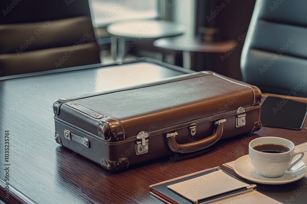 A business suitcase on a desk with a cup of coffee, ready for a busy workday ahead. A business suitcase on a desk with a cup of coffee, ready for a busy workday ahead.