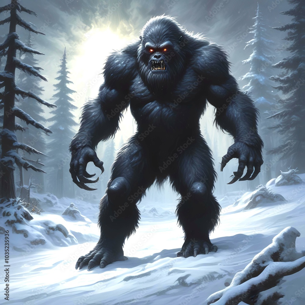 Fototapeta premium Illustration of dark bigfoot in winter woods.