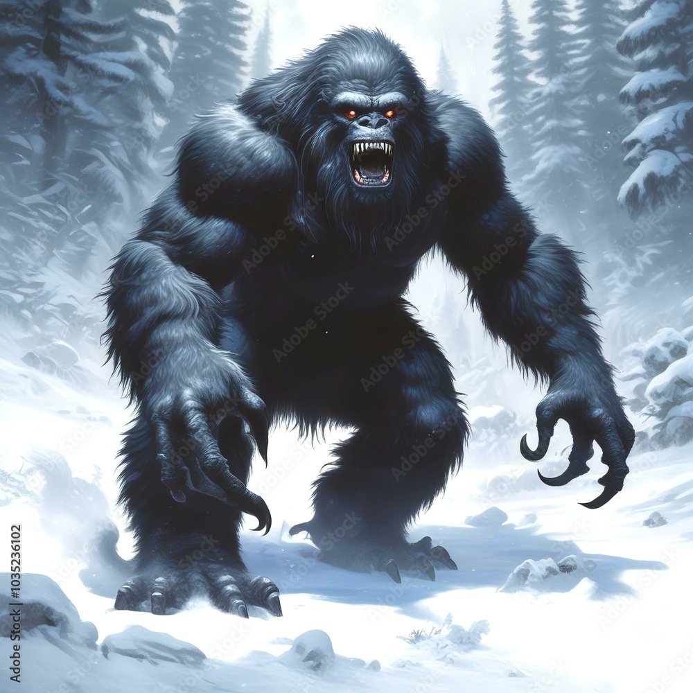 Fototapeta premium Illustration of dark bigfoot in winter woods.