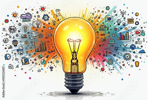 Creative Business Concept: Light Bulb Illustration Representing Innovation, Teamwork, and Success Symbols