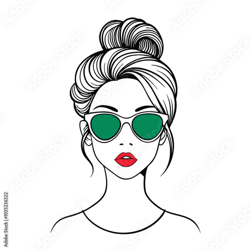 woman face with messy hair bun and sun glass vector.