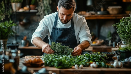 Chef preparing fresh herbs in a rustic kitchen. Concept of healthy food, organic, culinary, gastronomy, cooking