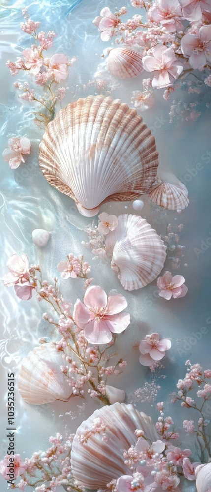 Beautiful seashells and delicate flowers in soft pastel colors, creating a serene coastal scene. Beautiful seashells and delicate flowers in soft pastel colors, creating a serene coastal scene.