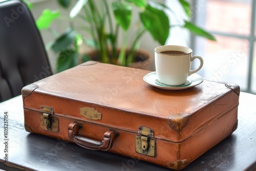 A business suitcase on a desk with a cup of coffee, ready for a busy workday ahead. 