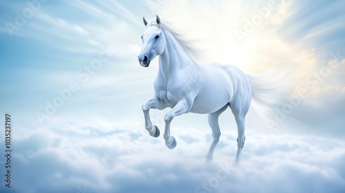 White Horse Running on Clouds