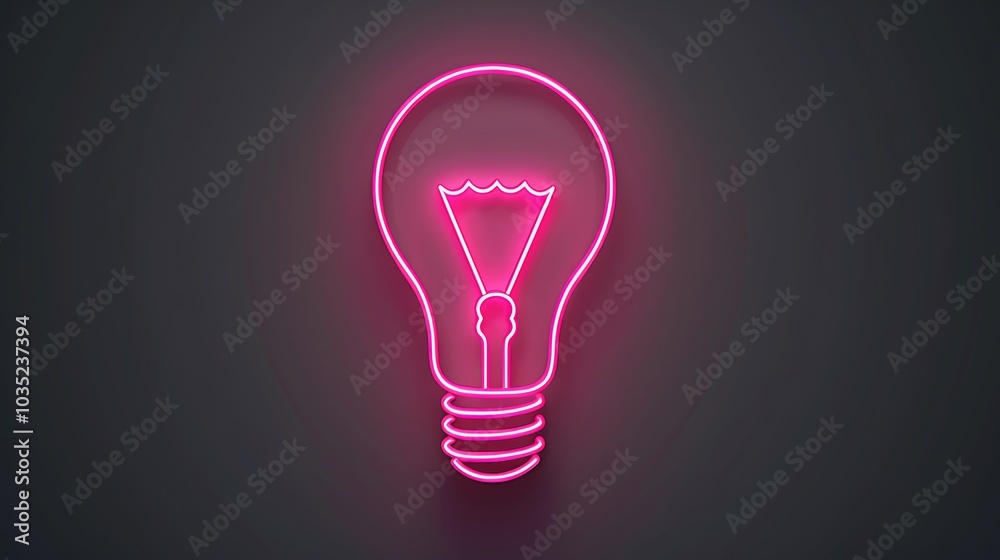 A neon bulb icon with a vibrant pink glow set against a dark grey background highlighting retro design A neon bulb icon with a vibrant pink glow set against a dark grey background highlighting retro design