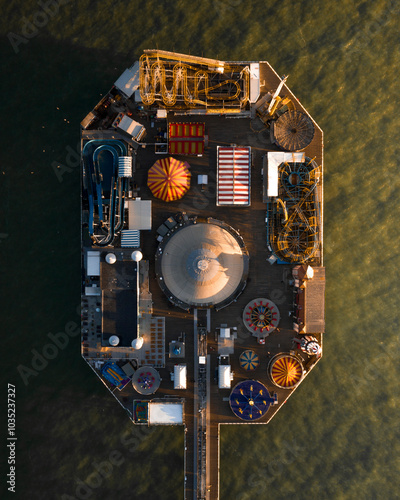 Aerial view of colorful amusement park with rides and pier by the seaside during sunset, Brighton, United Kingdom. photo