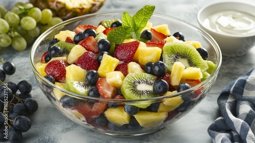 A colorful fruit salad with a mix of fresh strawberries, blueberries, kiwi slices