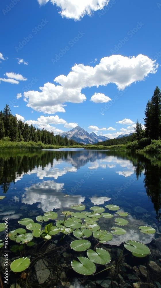 A serene summer day by the tranquil lake reflecting mountains under fluffy clouds A serene summer day by the tranquil lake reflecting mountains under fluffy clouds