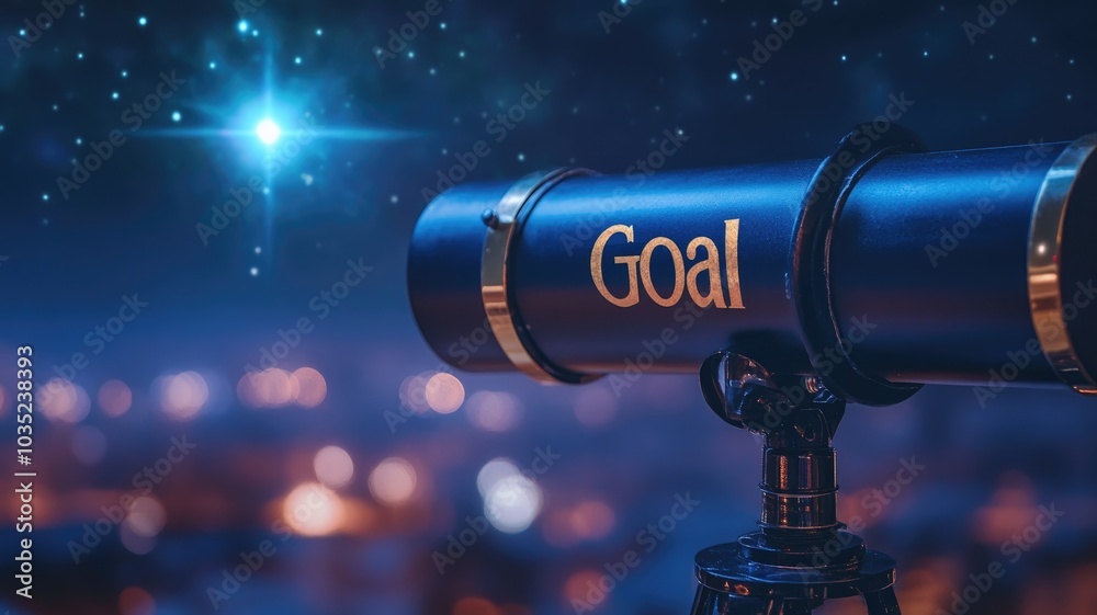 Fototapeta premium Telescope aimed at bright star in night sky, emphasizing goal-focused vision and aspiration