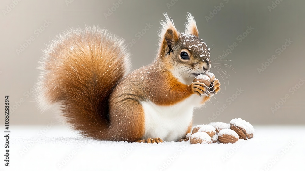 Obraz premium A snow squirrel gathering snow-covered nuts, with frost clinging to its fur