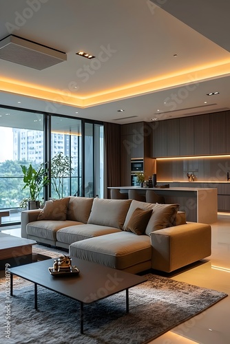 Modern living room with a large sectional sofa and coffee table, featuring warm lighting and a contemporary design.