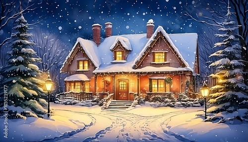 House covered with snow on a winter night. image painted with watercolors.