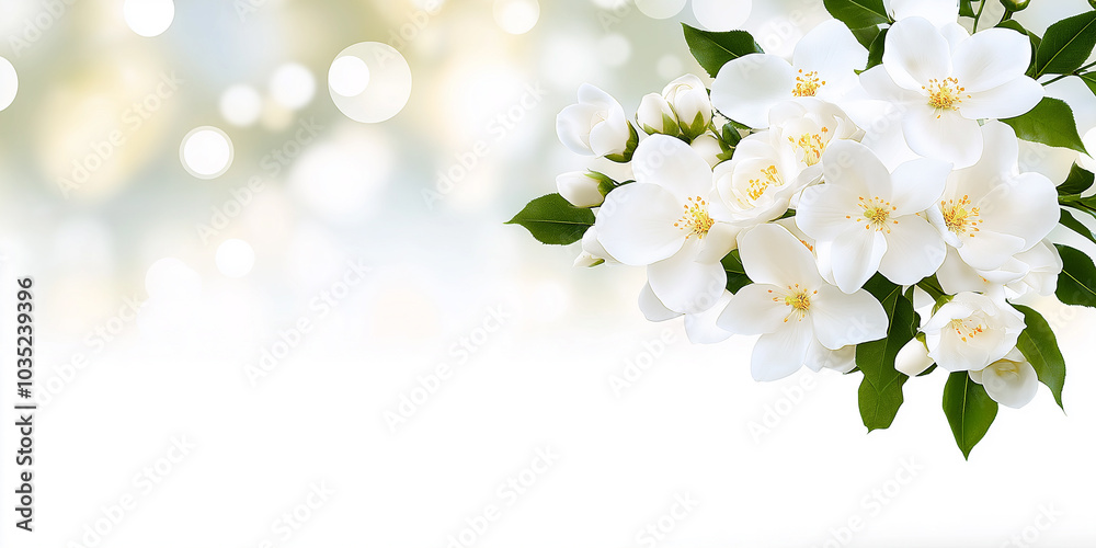A white flower with green leaves is the main focus of the image A white flower with green leaves is the main focus of the image