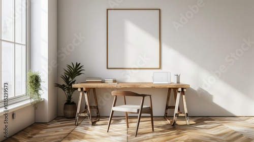 A contemporary home office with white walls and a wooden desk. The desk highlights a blank picture frame and a single decorative vase. Bright