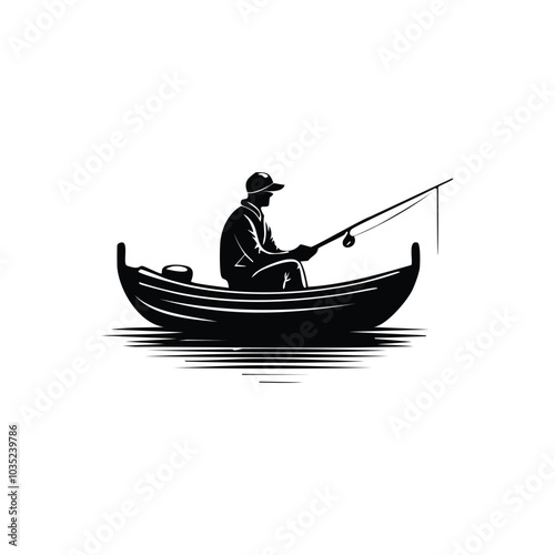Black Silhouette of Angler Fishing from Boat Vector Art