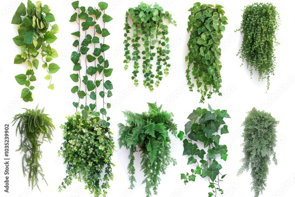 A decorative arrangement of plants hanging from the wall A decorative arrangement of plants hanging from the wall