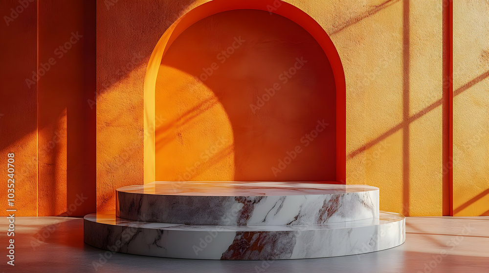 Marble Platform in Sunlight with Orange Wall and Archway Marble Platform in Sunlight with Orange Wall and Archway