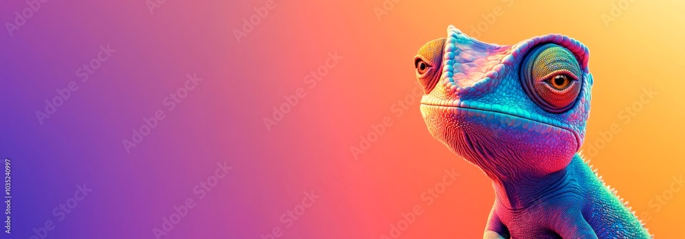 Close-up of a chameleon with vibrant colors on a pink and orange gradient background, suitable for a web design or presentationor as a banner for a website header, with ample copy space Close-up of a chameleon with vibrant colors on a pink and orange gradient background, suitable for a web design or presentationor as a banner for a website header, with ample copy space