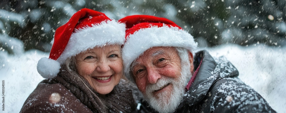 Old couple in holiday hats toasting the New Year outdoors in a winter scene.