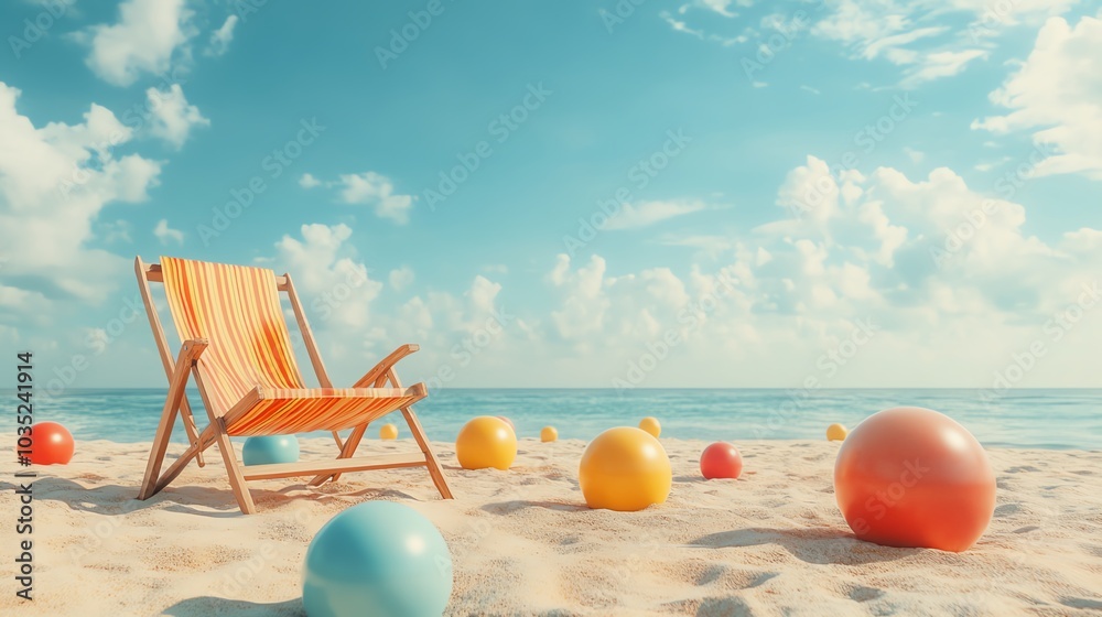 Relaxing beach scene with colorful balls and a wooden chair under a blue sky. Relaxing beach scene with colorful balls and a wooden chair under a blue sky.