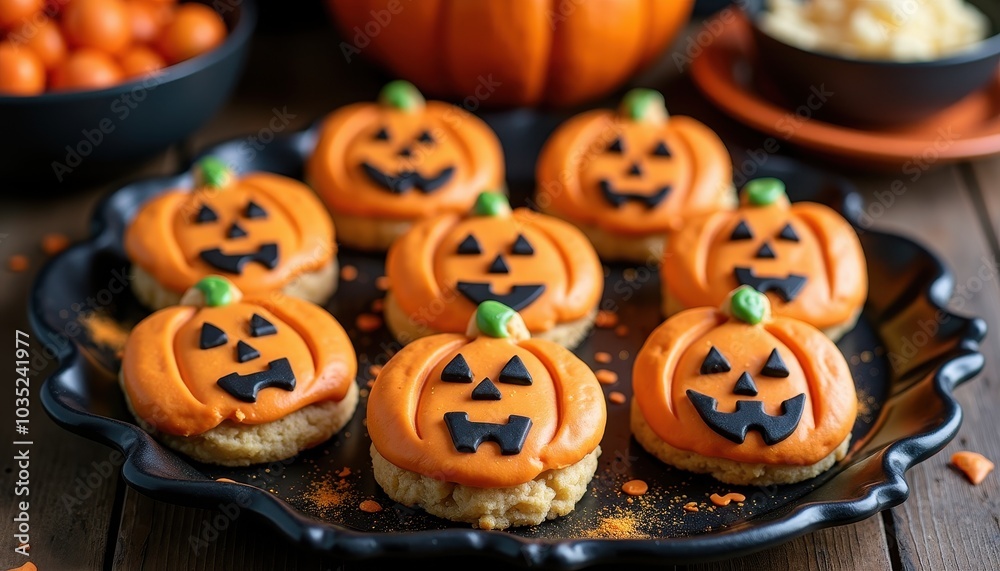 Creative Halloween Pumpkin-Shaped Cookies Displayed on a Haunted Serving Tray for a Spooky Party Presentation. Creative Halloween Pumpkin-Shaped Cookies Displayed on a Haunted Serving Tray for a Spooky Party Presentation.