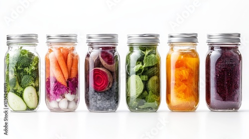 Colorful fresh vegetables and fruits in mason jars 