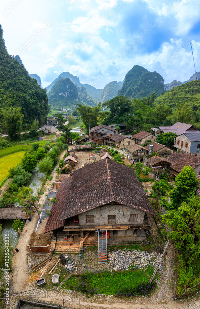 Aerial view of an ancient rock village in Trung Khanh, Cao Bang, Vietnam. Khuoi Ky old village of the Tay ethnic group. Aerial view of an ancient rock village in Trung Khanh, Cao Bang, Vietnam. Khuoi Ky old village of the Tay ethnic group.