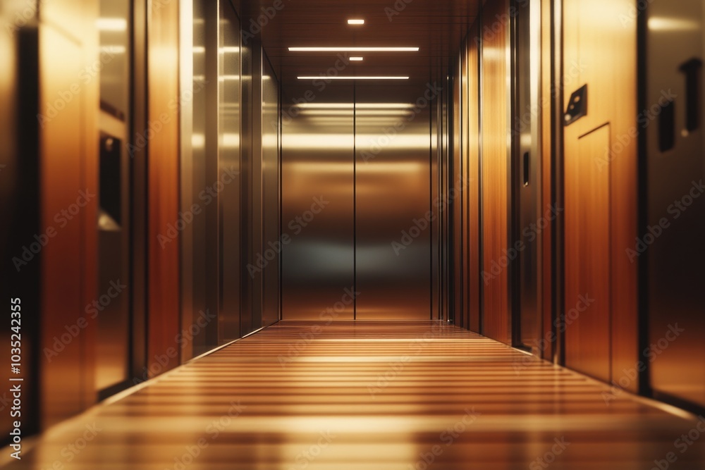 A long corridor with wooden flooring and metal doors, perfect for use in architecture or interior design illustrations A long corridor with wooden flooring and metal doors, perfect for use in architecture or interior design illustrations