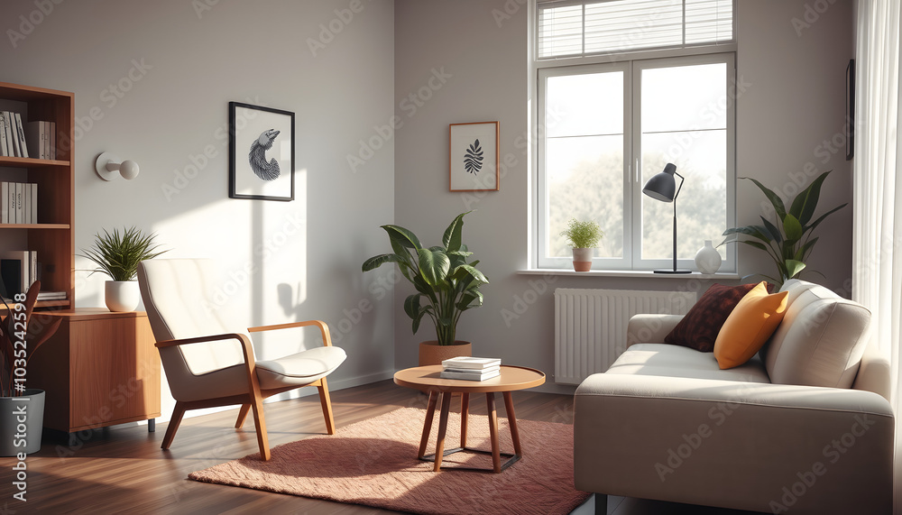 Modern office for psychotherapy session with comfortable armchair and sofa isolated with white highlights, png Modern office for psychotherapy session with comfortable armchair and sofa isolated with white highlights, png