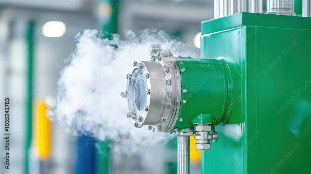 Green industrial valve emitting steam in a factory setting, high-quality image. Green industrial valve emitting steam in a factory setting, high-quality image.