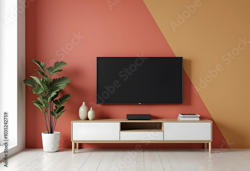 TV wide screen on the TV stand in modern living room. 3d illustration
