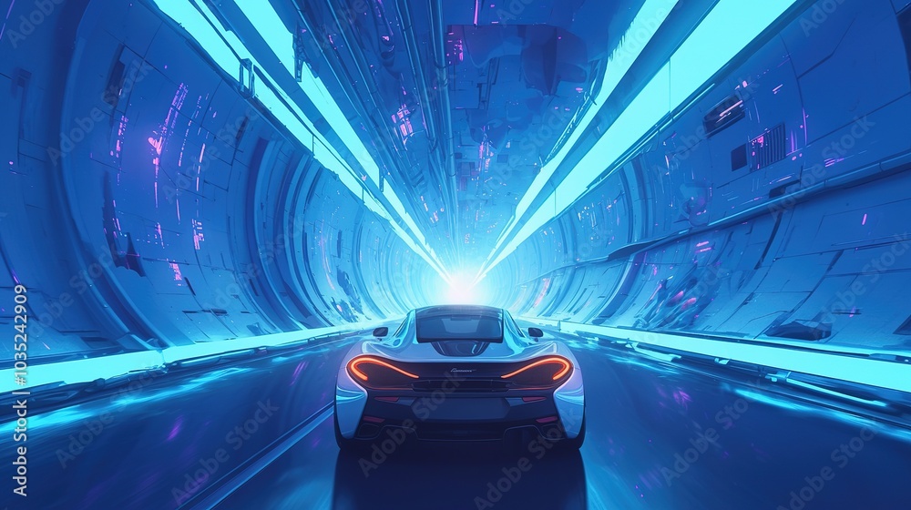 Yellow wireframe Modern electric car riding through glowing blue tunnel 3d render Yellow wireframe Modern electric car riding through glowing blue tunnel 3d render