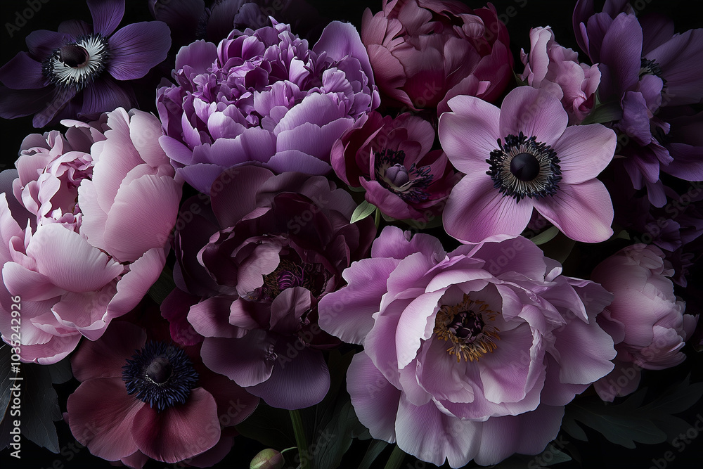 Fototapeta premium A stunning bouquet of deep pink and purple peonies, roses and other floral elements, with leaves, on a black background set off with dramatic lighting.