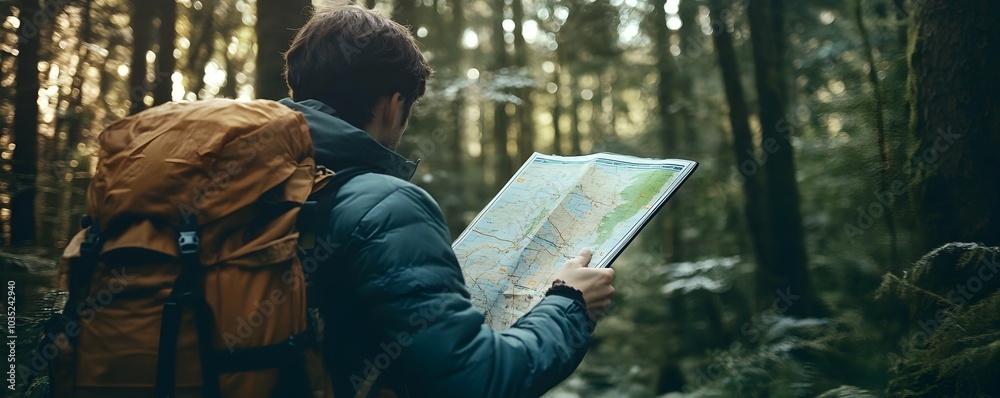 Eco Conscious Hiker Navigating Dense Forest with Map and Sustainable Gear Eco Conscious Hiker Navigating Dense Forest with Map and Sustainable Gear