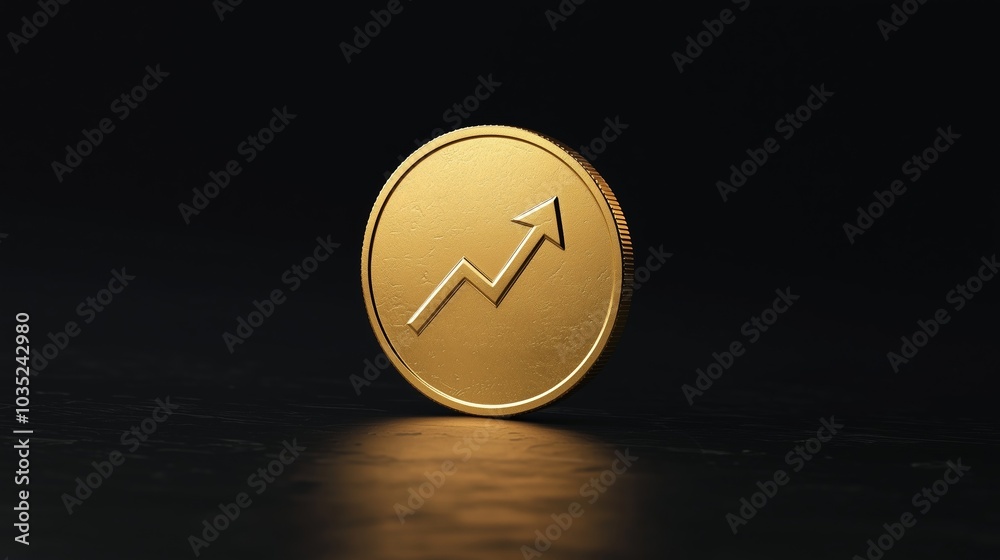 Gold coin with upward arrow, symbolizing financial growth and success. dark background. Gold coin with upward arrow, symbolizing financial growth and success. dark background.
