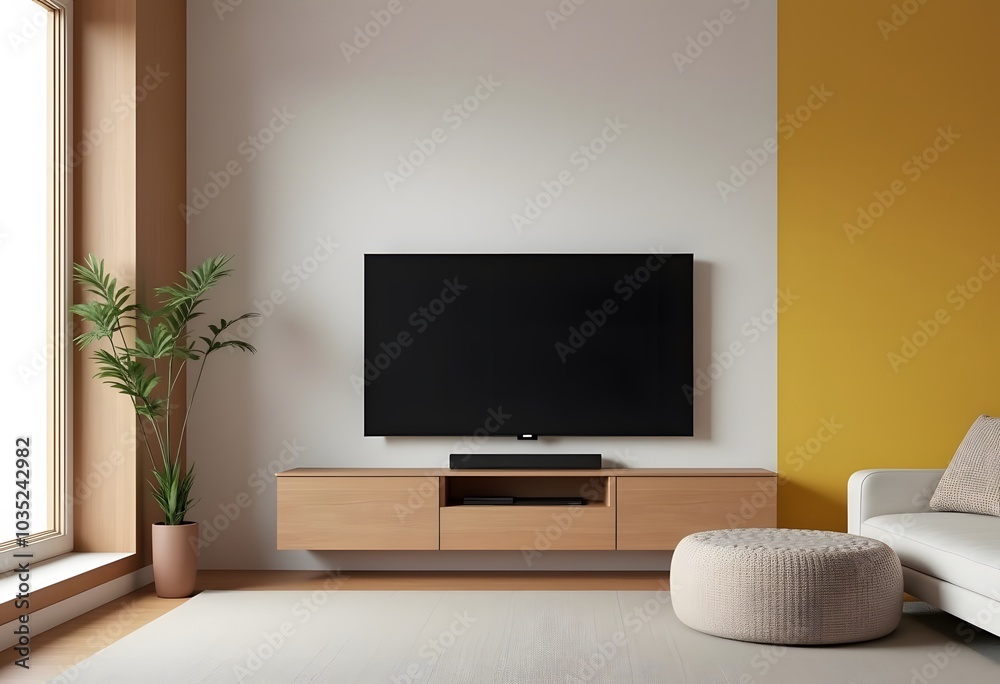 TV wide screen on the TV stand in modern living room. 3d illustration
TV wide screen on the TV stand in modern living room. 3d illustration