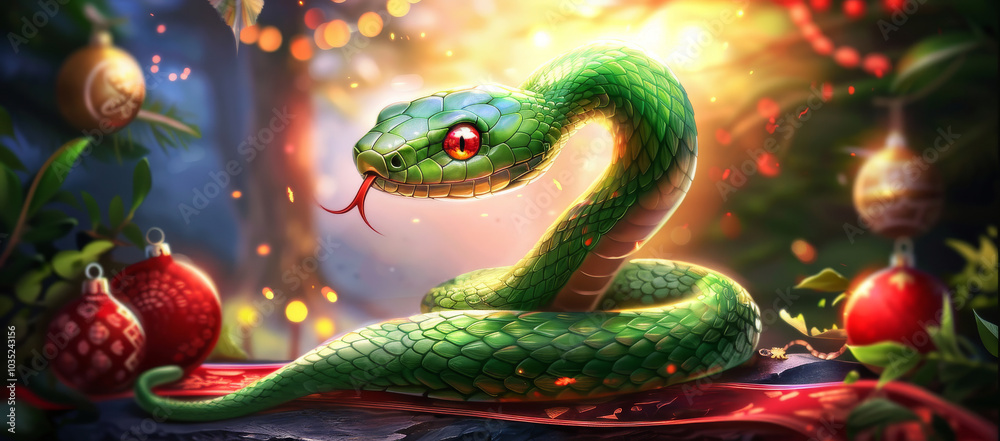 A vibrant green snake is coiled among red and gold new year decorations, illuminated by warm lighting. the festive scene is enriched with intricate ornaments and a serene natural background, A vibrant green snake is coiled among red and gold new year decorations, illuminated by warm lighting. the festive scene is enriched with intricate ornaments and a serene natural background,