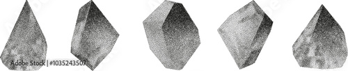 3D vector gradient geometric shapes with noise effect. Cube, cylinder, triangle, rhombus with grainy dot texture.