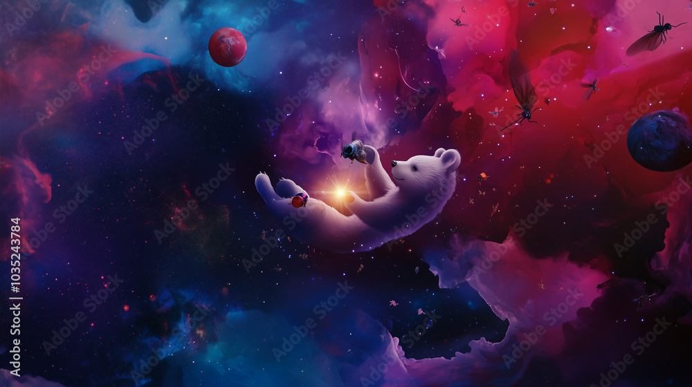 Fototapeta premium Polar Bear Holding Stars Floating in a Dreamy Nebula Surrounded by Mystical Creatures