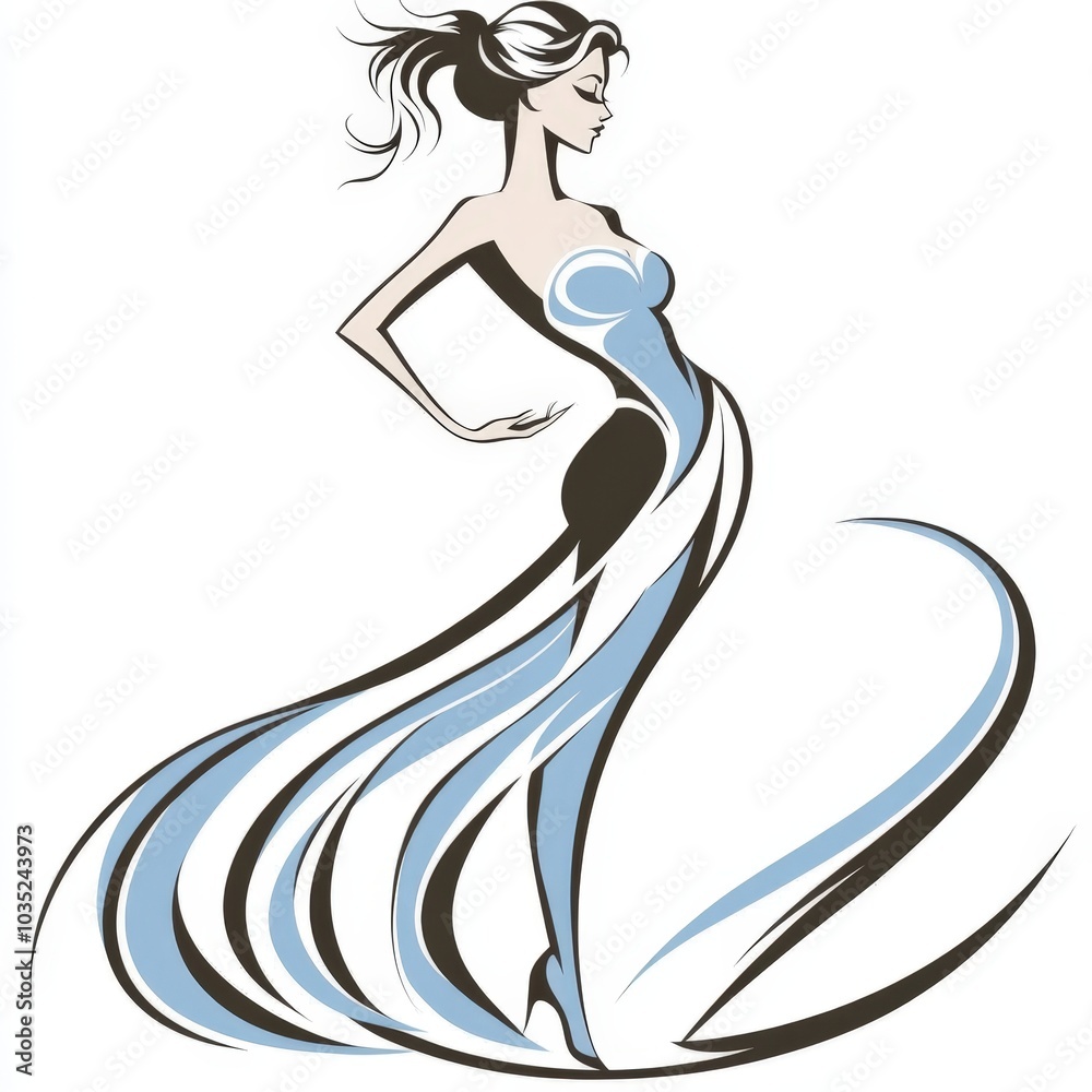 Obraz premium Elegant fashion illustration of a woman in a flowing gown striking a confident pose