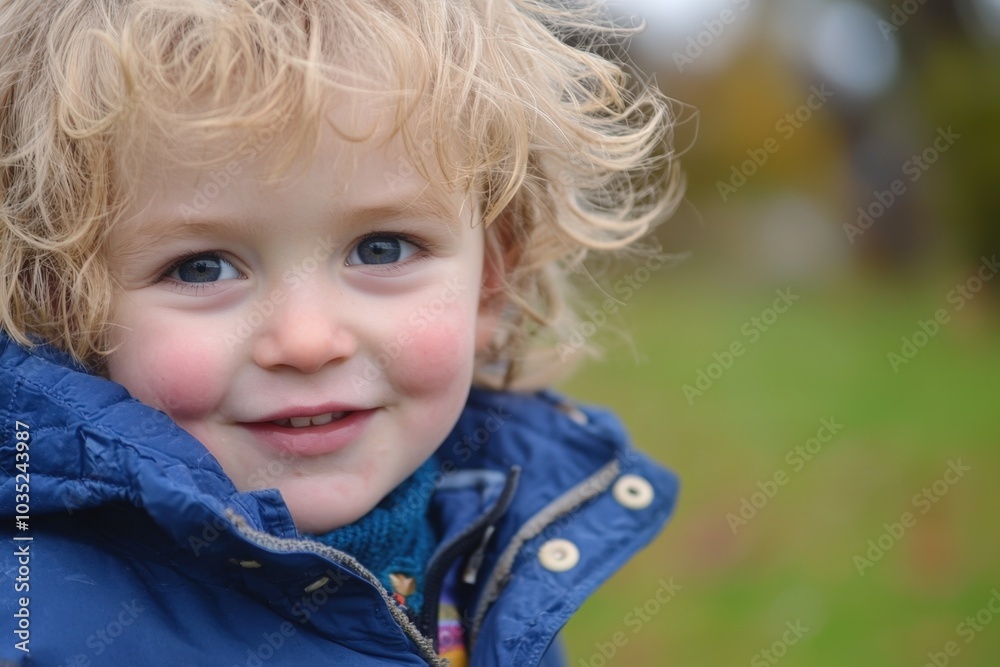 Little boy with curly hair smiles warmly outdoors during a crisp autumn day in the park Little boy with curly hair smiles warmly outdoors during a crisp autumn day in the park