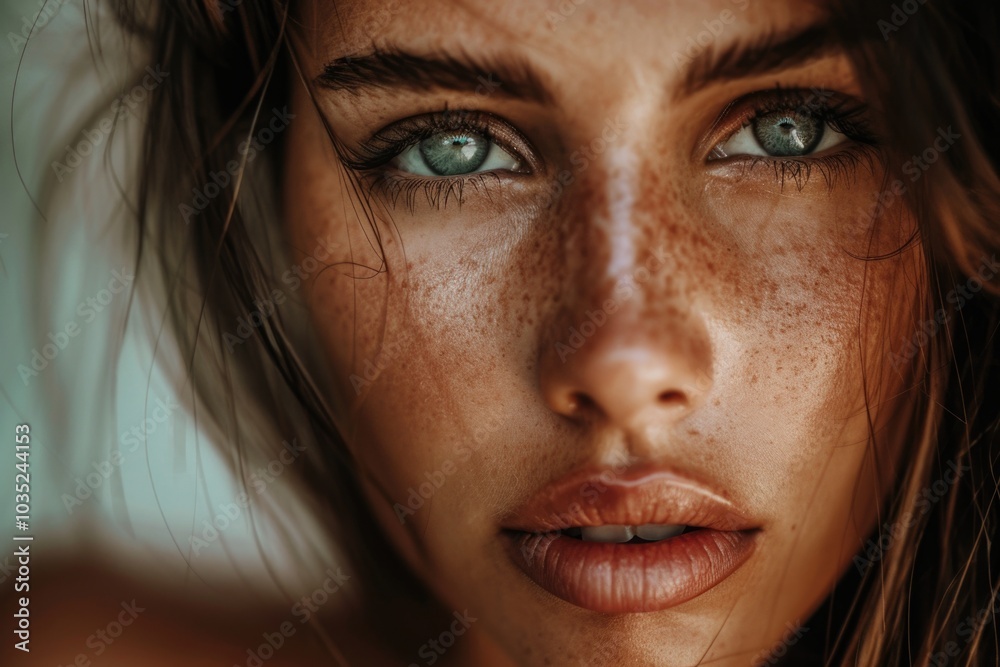 A close-up portrait of a woman with freckles on her face A close-up portrait of a woman with freckles on her face