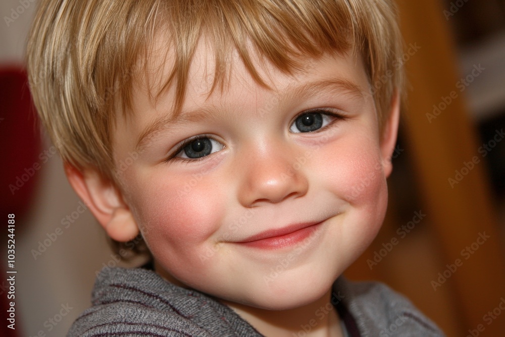 A cheerful young boy with bright blue eyes smiling warmly at the camera indoors A cheerful young boy with bright blue eyes smiling warmly at the camera indoors